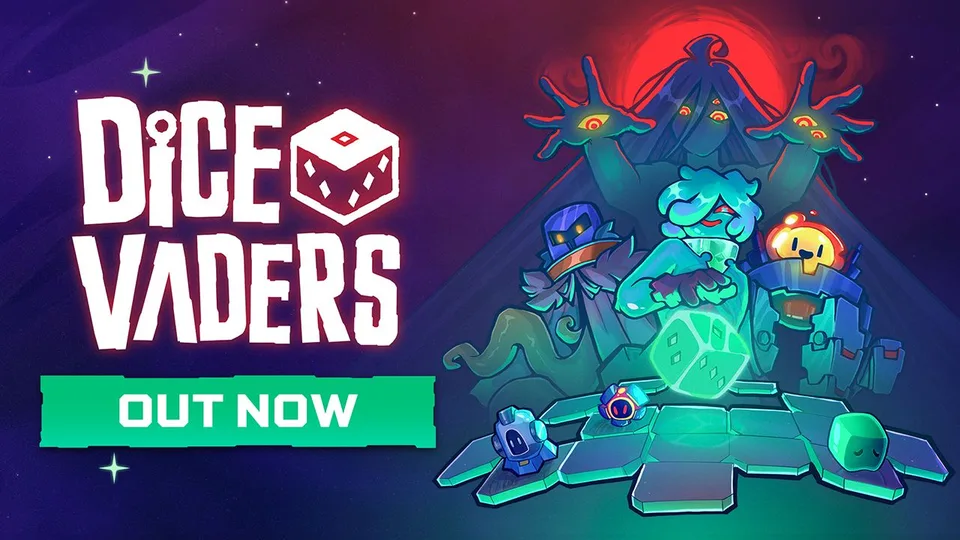 Dicevaders launch key art with the game logo above alien commanders and a glowing die