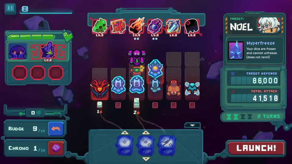 Dicevaders battle against the defending pilot Noel with frozen dice on the grid