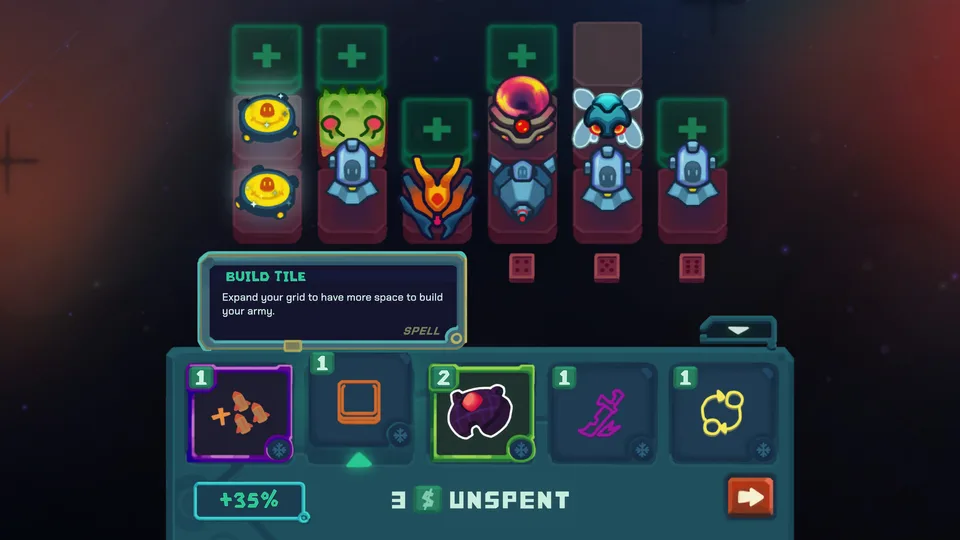 Dicevaders shop with spell cards, unspent coins and a build tile spell highlighted