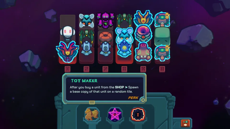 Dicevaders grid with a row of alien units and the Toy Maker perk card open