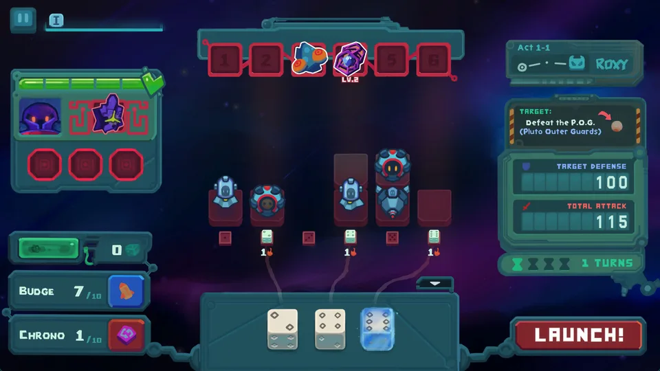 Dicevaders battle against the defending pilot Roxy, with unit lanes and dice slots under a purple sky